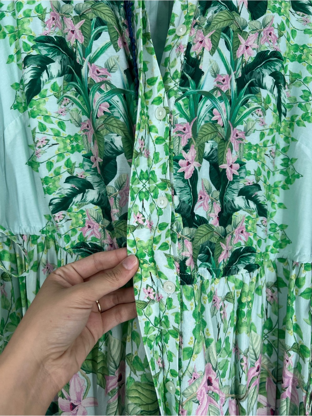 Anthropologie Floral Green Button Down Tie Waist Tropical Resort Shirt Dress 1X - Picture 4 of 9